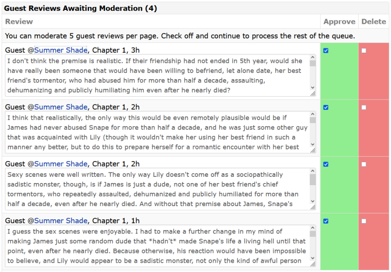 FFN review moderation A screenshot of the moderation screen for guest reviews on Fanfiction.net, showing excerpts of four lengthy comments left by the same person on the same chapter of a fic.